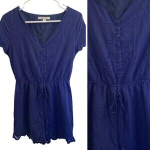 Mi ami Jumpsuit Romper One Piece Shorts Embroidered Eyelet Lace Lined Blue Small